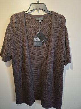 Jones Wear Brown Open-Front Crochet Short Sleeve Cardigan